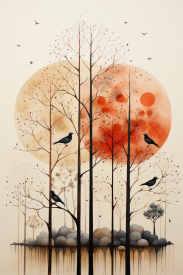 A painting of trees with birds and orange circles