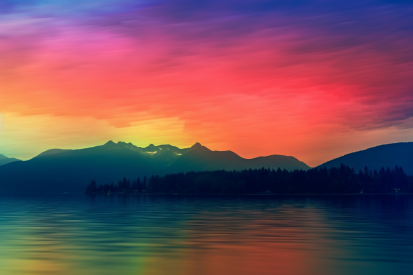 A colorful sky over a lake