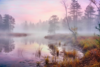 A foggy lake with trees and grass