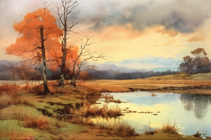 A watercolor painting of a lake with trees and grass