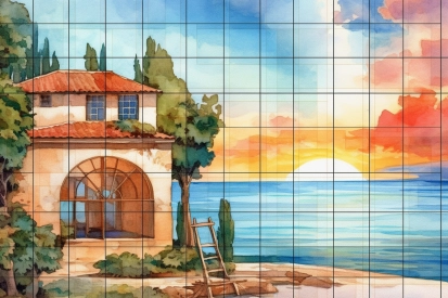 A painting of a house on the beach