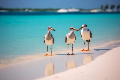 A group of birds standing on a beach