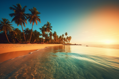 A beach with palm trees and water
