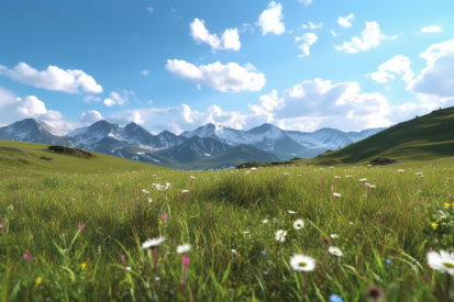 A field of flowers and mountains