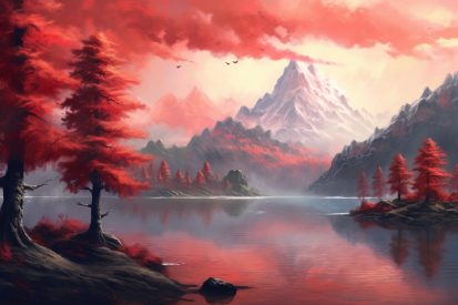 A lake with red trees and mountains