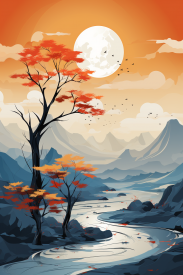 A landscape with a river and mountains and a tree