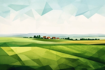 A green field with houses in the distance