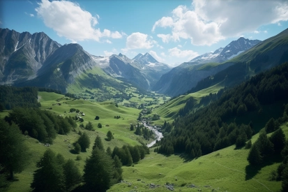 A valley with trees and mountains