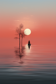 A person in a boat in the water with a tree and a sunset