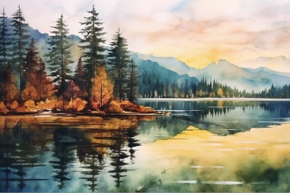A watercolor painting of a lake with trees and mountains