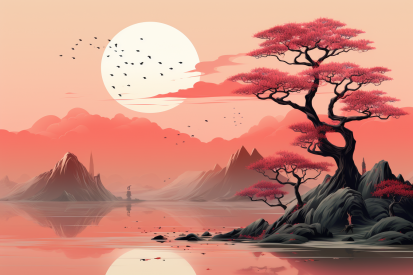 A pink tree on a rocky island with mountains and a pink sky