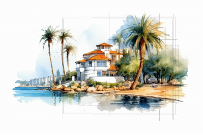 Watercolor of a house on a beach with palm trees and a body of water
