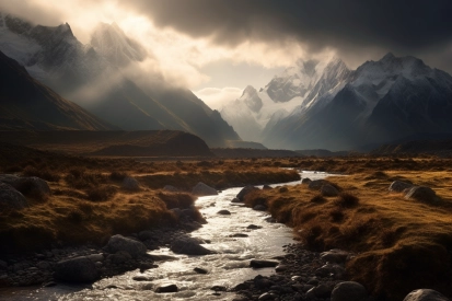 A river running through a valley with mountains in the background