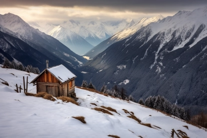 A cabin on a snowy mountain