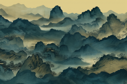 A painting of mountains and fog