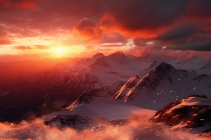 A sunset over a snowy mountain range