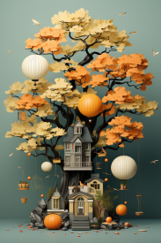 A tree with houses and lanterns