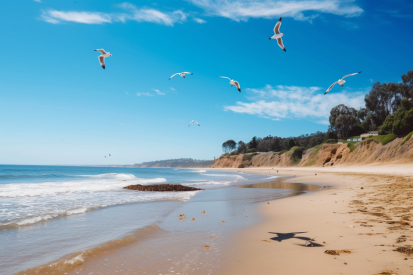 A group of birds flying over a beach