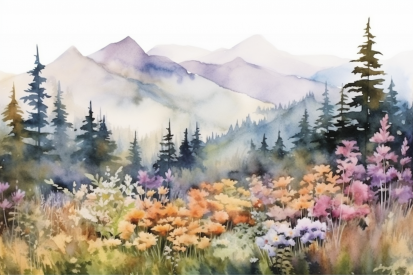 A watercolor painting of flowers and trees