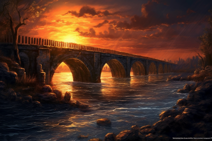 A bridge over water with a sunset