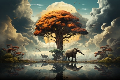 an elephant and a tree by a body of water