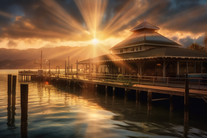 A building with a pier and a mountain in the background