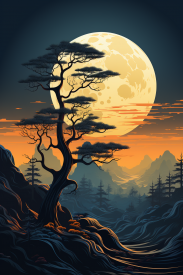 A tree on a hill with a moon in the background