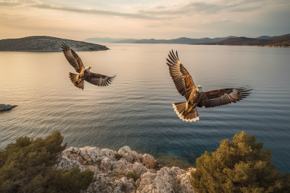 Two birds flying over water
