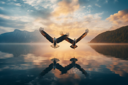 Two birds flying over water