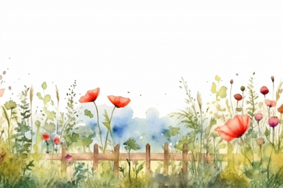 A watercolor painting of flowers and a fence