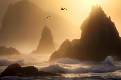 A seagulls flying over rocks and water