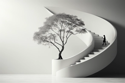 A person walking up a spiral staircase with a tree