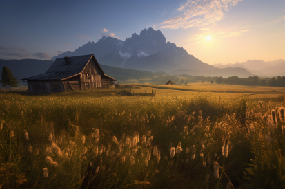 A house in a field with tall grass and mountains in the background
