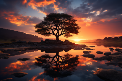 A tree on a rocky island with a sunset in the background