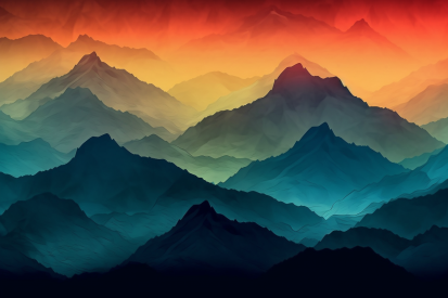 A colorful mountain range with orange and blue sky