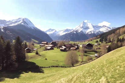 A green field with houses and mountains in the background