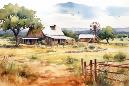 Watercolor of a farm with a windmill in the background