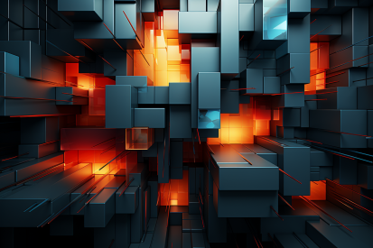A wall of cubes with orange and black lights