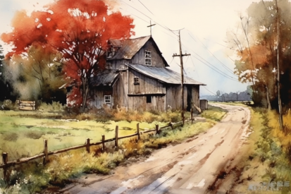 A watercolor painting of a house and a road