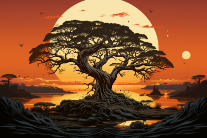 A tree on a hill with a sunset behind it
