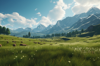 A herd of cows grazing in a grassy field with mountains in the background