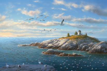 A group of birds flying over a rocky island