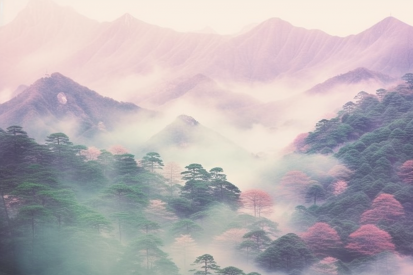 A mountain range with trees and fog