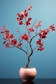 A small tree with red flowers in a white pot