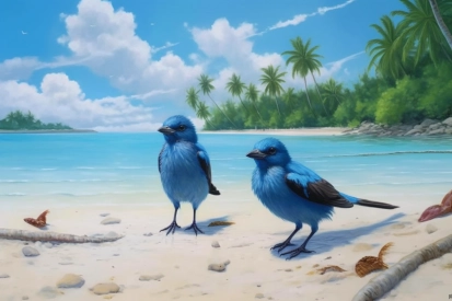 Two blue birds on a beach