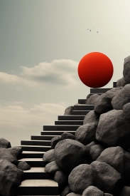 A red ball on top of a pile of rocks