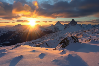 A snowy mountain range with the sun setting