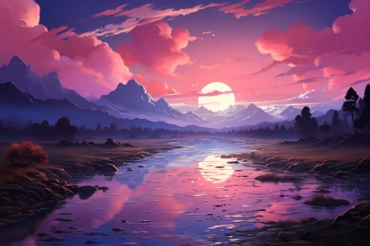a river with mountains and trees and a sunset