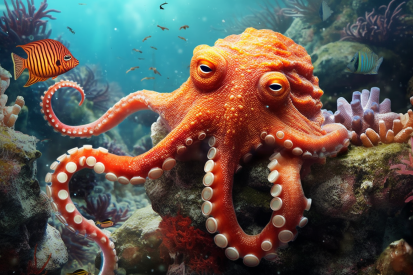 An orange octopus with white tentacles and a fish swimming in the water