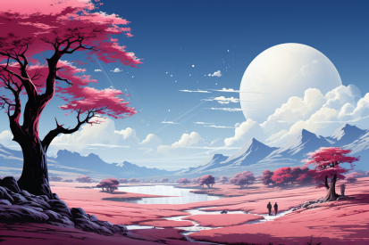 A landscape with pink trees and a large moon